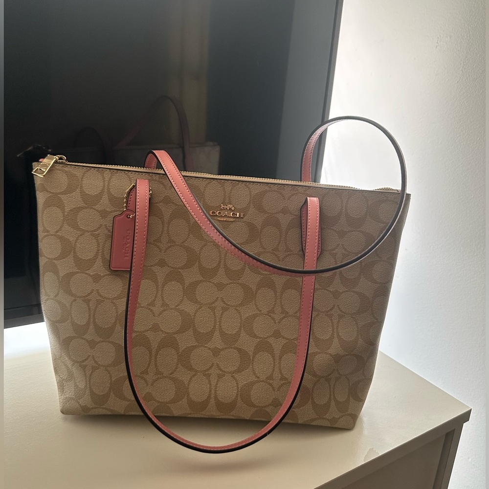 Coach Signature Khaki Tote with Bubblegum Accents